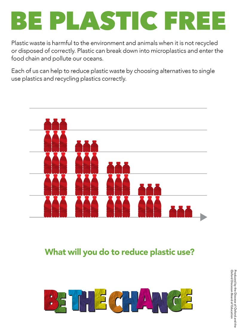 Be Plastic Free poster. Plastic waste is harmful to the environment and animals when it is not recycled  or disposed of correctly. Plastic can break down into microplastics and enter the  food chain and pollute our oceans. Each of us can help to reduce plastic waste by choosing alternatives to single  use plastics and recycling plastics correctly. What will you do to reduce plastic use?